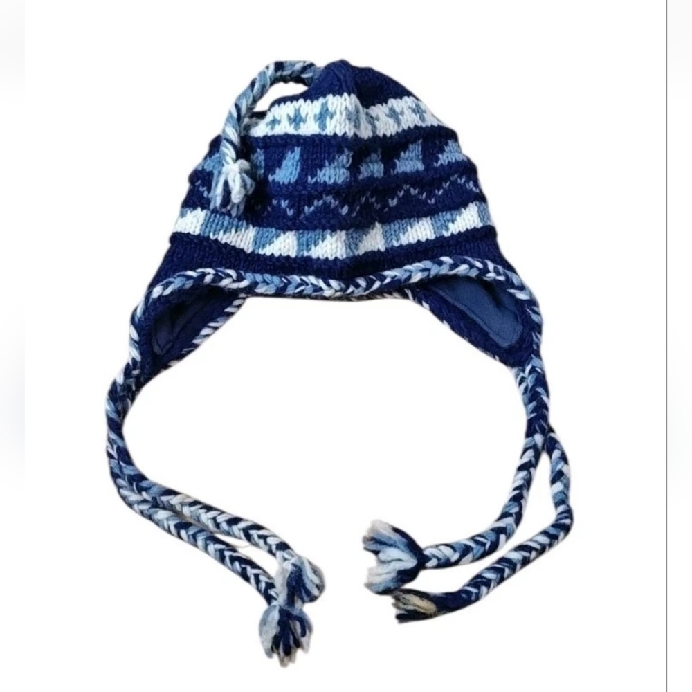 Alpaca Imports Beanie Trapper Hat Hand Knit Nepal Wool Blue Nordic Winter Ski